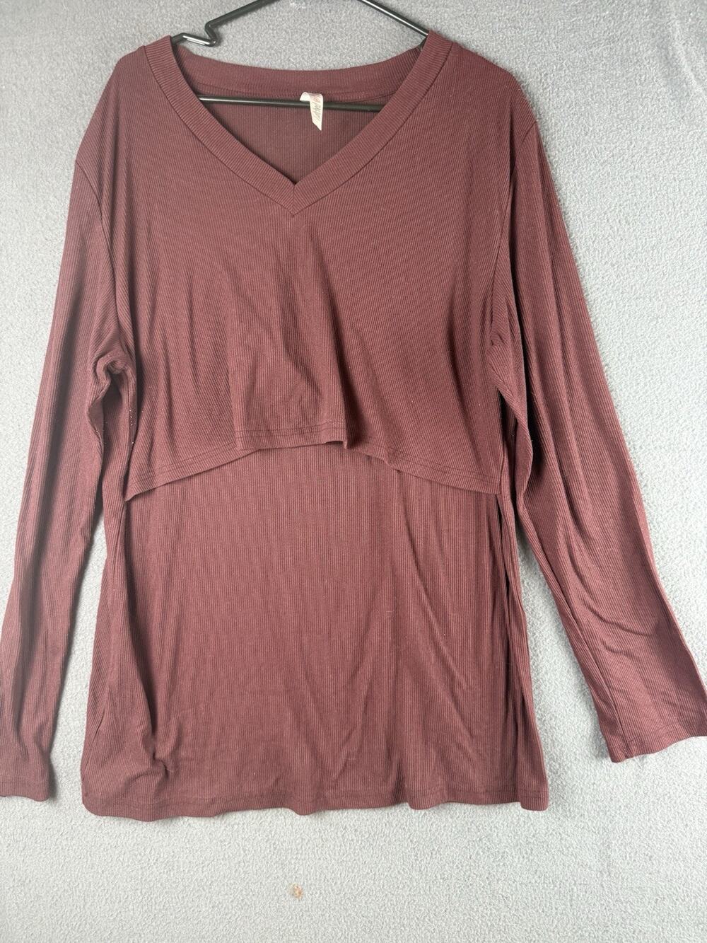 Latched Mama Women 2X Nursing Ribbed Top Maroon Long Sleeve Layered Stretch